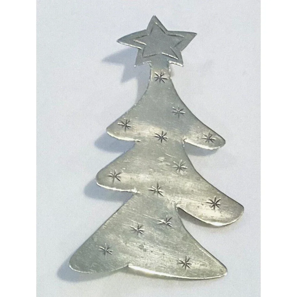 Artisan Silver Tone Christmas Tree Brooch Pin Rustic Primitive 2.5” x 1.75”